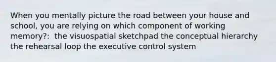 When you mentally picture the road between your house and school, you are relying on which component of working memory?: ​ ​the visuospatial sketchpad the conceptual hierarchy​ the rehearsal loop​ the executive control system​