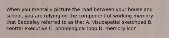 When you mentally picture the road between your house and school, you are relying on the component of working memory that Baddeley referred to as the: A. visuospatial sketchpad B. central executive C. phonological loop D. memory icon