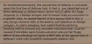 As mentioned previously, the second line of defense is activated when the first line of defense fails. In Part A, you identified one of these defenses as inflammation, which occurs when the body responds to a foreign antigen and increases fluid accumulation in a specific area. An added benefit of this excess fluid is that it also brings immune cells to the area to aid clearance of foreign antigens. In Julie's situation, that added fluid would bring immune cells to prevent any microbial infections that could be caused if microbes were introduced when she cut her finger. Which of the following cell types is NOT part of the second line of defense? mast cells basophils eosinophils plasma cells