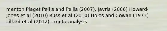 menton Piaget Pellis and Pellis (2007), Javris (2006) Howard-Jones et al (2010) Russ et al (2010) Holos and Cowan (1973) Lillard et al (2012) - meta-analysis