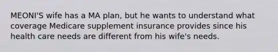 MEONI'S wife has a MA plan, but he wants to understand what coverage Medicare supplement insurance provides since his health care needs are different from his wife's needs.