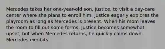 Mercedes takes her one-year-old son, Justice, to visit a day-care center where she plans to enroll him. Justice eagerly explores the playroom as long as Mercedes is present. When his mom leaves the room to fill out some forms, Justice becomes somewhat upset, but when Mercedes returns, he quickly calms down. Mercedes exhibits