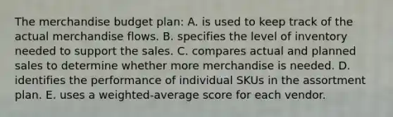 The merchandise budget plan: A. is used to keep track of the actual merchandise flows. B. specifies the level of inventory needed to support the sales. C. compares actual and planned sales to determine whether more merchandise is needed. D. identifies the performance of individual SKUs in the assortment plan. E. uses a weighted-average score for each vendor.