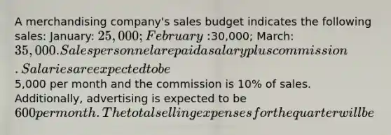 A merchandising company's sales budget indicates the following sales: January: 25,000; February:30,000; March: 35,000. Sales personnel are paid a salary plus commission. Salaries are expected to be5,000 per month and the commission is 10% of sales. Additionally, advertising is expected to be 600 per month. The total selling expenses for the quarter will be