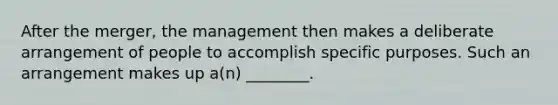 After the merger, the management then makes a deliberate arrangement of people to accomplish specific purposes. Such an arrangement makes up a(n) ________.