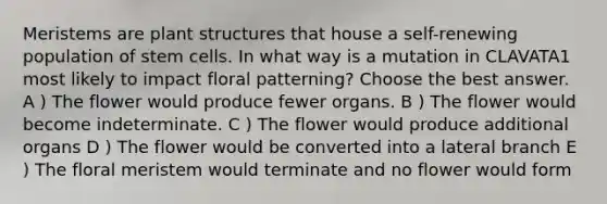 Meristems are plant structures that house a self-renewing population of stem cells. In what way is a mutation in CLAVATA1 most likely to impact floral patterning? Choose the best answer. A ) The flower would produce fewer organs. B ) The flower would become indeterminate. C ) The flower would produce additional organs D ) The flower would be converted into a lateral branch E ) The floral meristem would terminate and no flower would form