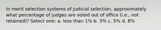 In merit selection systems of judicial selection, approximately what percentage of judges are voted out of office (i.e., not retained)? Select one: a. less than 1% b. 3% c. 5% d. 8%