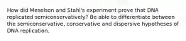 How did Meselson and Stahl's experiment prove that DNA replicated semiconservatively? Be able to differentiate between the semiconservative, conservative and dispersive hypotheses of DNA replication.