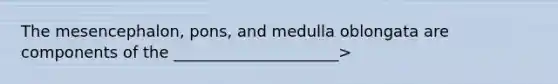 The mesencephalon, pons, and medulla oblongata are components of the _____________________>