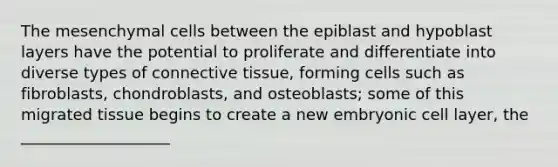 The mesenchymal cells between the epiblast and hypoblast layers have the potential to proliferate and differentiate into diverse types of <a href='https://www.questionai.com/knowledge/kYDr0DHyc8-connective-tissue' class='anchor-knowledge'>connective tissue</a>, forming cells such as fibroblasts, chondroblasts, and osteoblasts; some of this migrated tissue begins to create a new embryonic cell layer, the ___________________