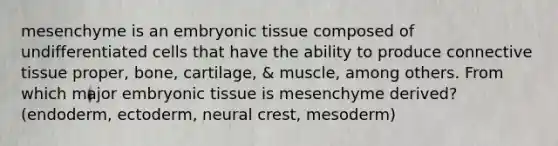 mesenchyme is an embryonic tissue composed of undifferentiated cells that have the ability to produce connective tissue proper, bone, cartilage, & muscle, among others. From which major embryonic tissue is mesenchyme derived? (endoderm, ectoderm, neural crest, mesoderm)