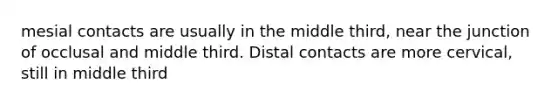 mesial contacts are usually in the middle third, near the junction of occlusal and middle third. Distal contacts are more cervical, still in middle third