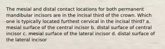 The mesial and distal contact locations for both permanent mandibular incisors are in the incisal third of the crown. Which one is typically located furthest cervical in the incisal third? a. mesial surface of the central incisor b. distal surface of central incisor c. mesial surface of the lateral incisor d. distal surface of the lateral incisor