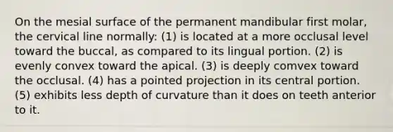 On the mesial surface of the permanent mandibular first molar, the cervical line normally: (1) is located at a more occlusal level toward the buccal, as compared to its lingual portion. (2) is evenly convex toward the apical. (3) is deeply comvex toward the occlusal. (4) has a pointed projection in its central portion. (5) exhibits less depth of curvature than it does on teeth anterior to it.