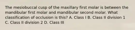 The mesiobuccal cusp of the maxillary first molar is between the mandibular first molar and mandibular second molar. What classification of occlusion is this? A. Class I B. Class II division 1 C. Class II division 2 D. Class III