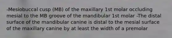 -Mesiobuccal cusp (MB) of the maxillary 1st molar occluding mesial to the MB groove of the mandibular 1st molar -The distal surface of the mandibular canine is distal to the mesial surface of the maxillary canine by at least the width of a premolar