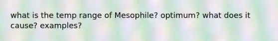 what is the temp range of Mesophile? optimum? what does it cause? examples?