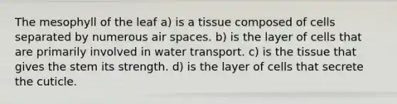 The mesophyll of the leaf a) is a tissue composed of cells separated by numerous air spaces. b) is the layer of cells that are primarily involved in water transport. c) is the tissue that gives the stem its strength. d) is the layer of cells that secrete the cuticle.