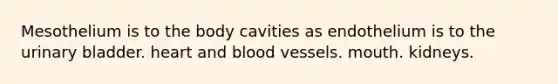 Mesothelium is to the body cavities as endothelium is to the urinary bladder. heart and blood vessels. mouth. kidneys.