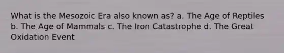 What is the Mesozoic Era also known as? a. The Age of Reptiles b. The Age of Mammals c. The Iron Catastrophe d. The Great Oxidation Event