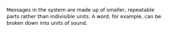 Messages in the system are made up of smaller, repeatable parts rather than indivisible units. A word, for example, can be broken down into units of sound.