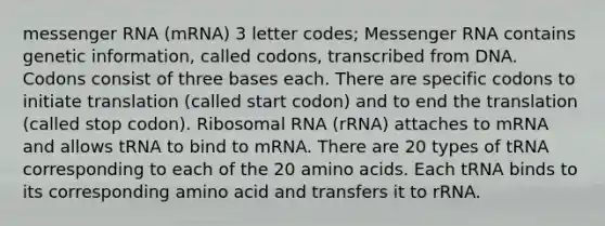 messenger RNA (mRNA) 3 letter codes; Messenger RNA contains genetic information, called codons, transcribed from DNA. Codons consist of three bases each. There are specific codons to initiate translation (called start codon) and to end the translation (called stop codon). Ribosomal RNA (rRNA) attaches to mRNA and allows tRNA to bind to mRNA. There are 20 types of tRNA corresponding to each of the 20 amino acids. Each tRNA binds to its corresponding amino acid and transfers it to rRNA.