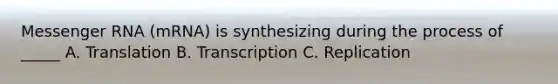 Messenger RNA (mRNA) is synthesizing during the process of _____ A. Translation B. Transcription C. Replication