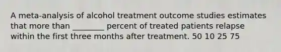 A meta-analysis of alcohol treatment outcome studies estimates that more than ________ percent of treated patients relapse within the first three months after treatment. 50 10 25 75