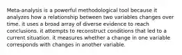 Meta-analysis is a powerful methodological tool because it analyzes how a relationship between two variables changes over time. it uses a broad array of diverse evidence to reach conclusions. it attempts to reconstruct conditions that led to a current situation. it measures whether a change in one variable corresponds with changes in another variable.