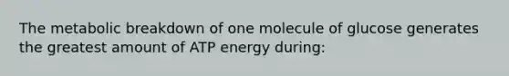 The metabolic breakdown of one molecule of glucose generates the greatest amount of ATP energy during: