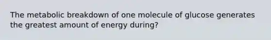 The metabolic breakdown of one molecule of glucose generates the greatest amount of energy during?