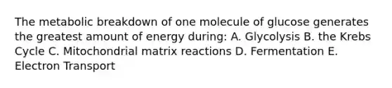 The metabolic breakdown of one molecule of glucose generates the greatest amount of energy during: A. Glycolysis B. the <a href='https://www.questionai.com/knowledge/kqfW58SNl2-krebs-cycle' class='anchor-knowledge'>krebs cycle</a> C. Mitochondrial matrix reactions D. Fermentation E. Electron Transport