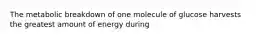 The metabolic breakdown of one molecule of glucose harvests the greatest amount of energy during