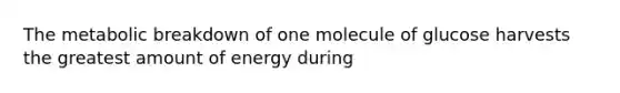 The metabolic breakdown of one molecule of glucose harvests the greatest amount of energy during