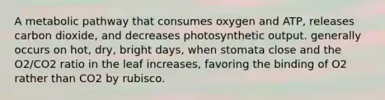 A metabolic pathway that consumes oxygen and ATP, releases carbon dioxide, and decreases photosynthetic output. generally occurs on hot, dry, bright days, when stomata close and the O2/CO2 ratio in the leaf increases, favoring the binding of O2 rather than CO2 by rubisco.