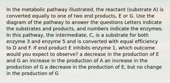 In the metabolic pathway illustrated, the reactant (substrate A) is converted equally to one of two end products, E or G. Use the diagram of the pathway to answer the questions Letters indicate the substrates and products, and numbers indicate the enzymes. In this pathway, the intermediate, C, is a substrate for both enzyme 3 and enzyme 5 and is converted with equal efficiency to D and F. If end product E inhibits enzyme 1, which outcome would you expect to observe? a decrease in the production of E and G an increase in the production of A an increase in the production of G a decrease in the production of E, but no change in the production of G