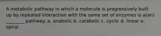 A metabolic pathway in which a molecule is progressively built up by repeated interaction with the same set of enzymes is a(an) ________ pathway. a. anabolic b. catabolic c. cyclic d. linear e. spiral