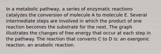 In a metabolic pathway, a series of enzymatic reactions catalyzes the conversion of molecule A to molecule E. Several intermediate steps are involved in which the product of one reaction becomes the substrate for the next. The graph illustrates the changes of free energy that occur at each step in the pathway. The reaction that converts C to D is: an exergonic reaction. an anabolic reaction.