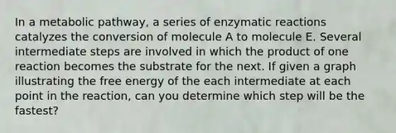 In a metabolic pathway, a series of enzymatic reactions catalyzes the conversion of molecule A to molecule E. Several intermediate steps are involved in which the product of one reaction becomes the substrate for the next. If given a graph illustrating the free energy of the each intermediate at each point in the reaction, can you determine which step will be the fastest?