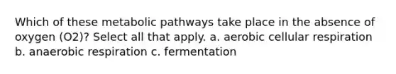 Which of these metabolic pathways take place in the absence of oxygen (O2)? Select all that apply. a. aerobic cellular respiration b. anaerobic respiration c. fermentation