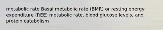 metabolic rate Basal metabolic rate (BMR) or resting energy expenditure (REE) metabolic rate, blood glucose levels, and protein catabolism