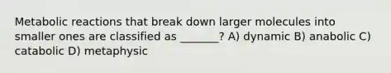 Metabolic reactions that break down larger molecules into smaller ones are classified as _______? A) dynamic B) anabolic C) catabolic D) metaphysic