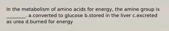 In the metabolism of amino acids for energy, the amine group is ________. a.converted to glucose b.stored in the liver c.excreted as urea d.burned for energy