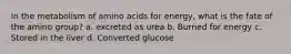 In the metabolism of amino acids for energy, what is the fate of the amino group? a. excreted as urea b. Burned for energy c. Stored in the liver d. Converted glucose