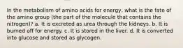 In the metabolism of amino acids for energy, what is the fate of the amino group (the part of the molecule that contains the nitrogen)? a. It is excreted as urea through the kidneys. b. It is burned off for energy. c. It is stored in the liver. d. It is converted into glucose and stored as glycogen.