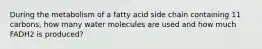 During the metabolism of a fatty acid side chain containing 11 carbons, how many water molecules are used and how much FADH2 is produced?