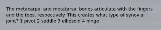 The metacarpal and metatarsal bones articulate with the fingers and the toes, respectively. This creates what type of synovial joint? 1 pivot 2 saddle 3 ellipsoid 4 hinge