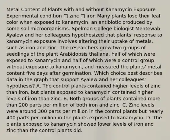 Metal Content of Plants with and without Kanamycin Exposure Experimental condition □ zinc □ iron Many plants lose their leaf color when exposed to kanamycin, an antibiotic produced by some soil microorganisms. Spelman College biologist Mentewab Ayalew and her colleagues hypothesized that plants' response to kanamycin exposure involves altering their uptake of metals, such as iron and zinc. The researchers grew two groups of seedlings of the plant Arabidopsis thaliana, half of which were exposed to kanamycin and half of which were a control group without exposure to kanamycin, and measured the plants' metal content five days after germination. Which choice best describes data in the graph that support Ayalew and her colleagues' hypothesis? A. The control plants contained higher levels of zinc than iron, but plants exposed to kanamycin contained higher levels of iron than zinc. B. Both groups of plants contained more than 200 parts per million of both iron and zinc. C. Zinc levels were around 300 parts per million in the control plants but nearly 400 parts per million in the plants exposed to kanamycin. D. The plants exposed to kanamycin showed lower levels of iron and zinc than the control plants did.