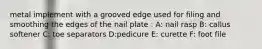 metal implement with a grooved edge used for filing and smoothing the edges of the nail plate : A: nail rasp B: callus softener C: toe separators D:pedicure E: curette F: foot file