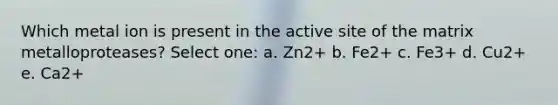 Which metal ion is present in the active site of the matrix metalloproteases? Select one: a. Zn2+ b. Fe2+ c. Fe3+ d. Cu2+ e. Ca2+